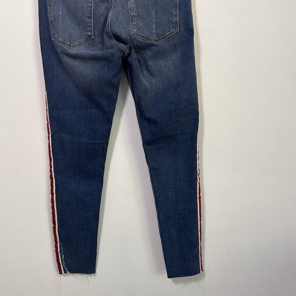 Zara Basic Distressed Jeans 8 Raw Cuff Cropped Red Tuxedo Stripe Stretch Skinny - Picture 8 of 10